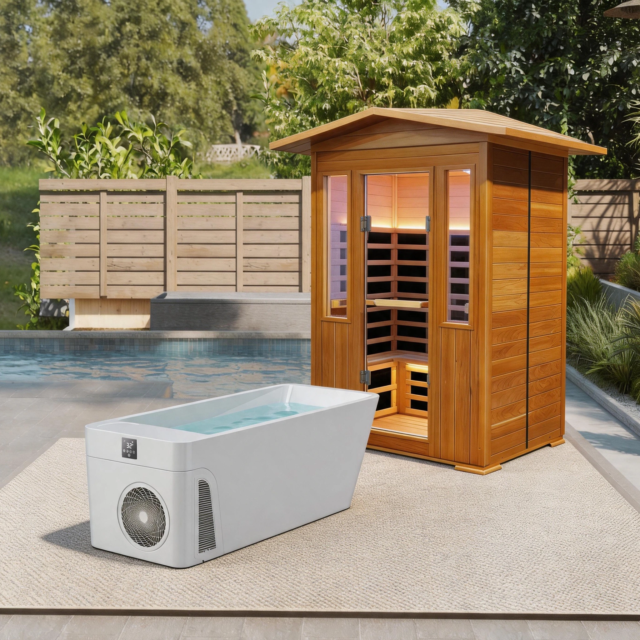 User-selected timber sauna room beside a pool