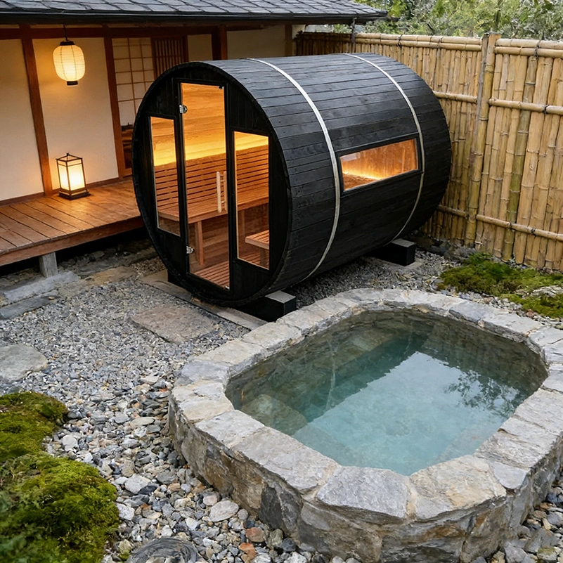 User-selected black barrel sauna room in a garden