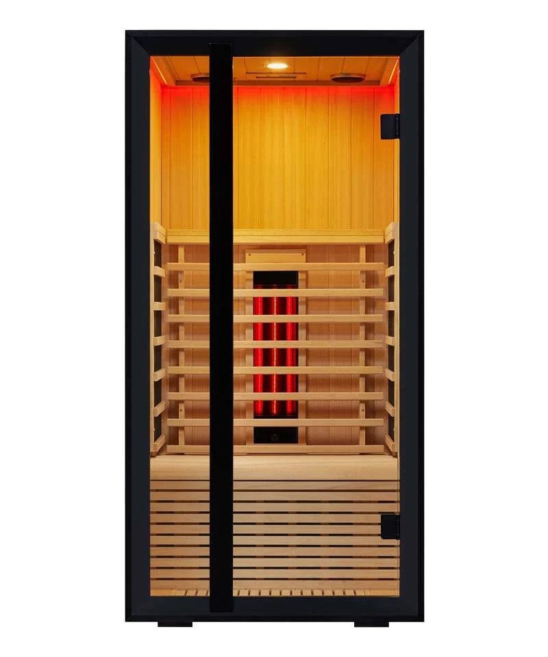 Compact infrared sauna room showing its glass door and timber interior