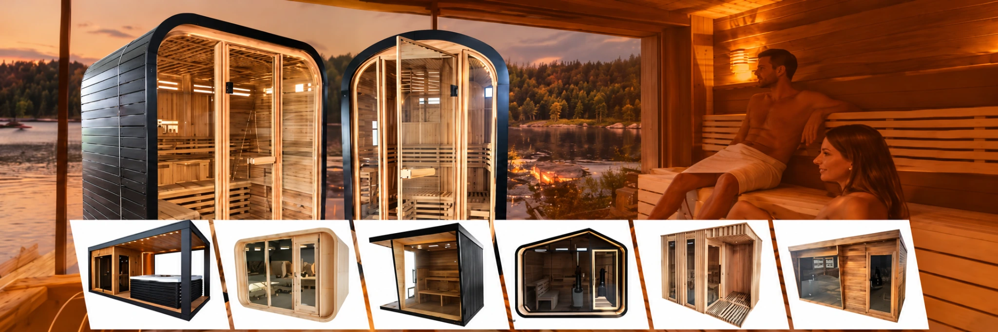 Sauna room collection and a warm timber sauna interior overlooking a lake