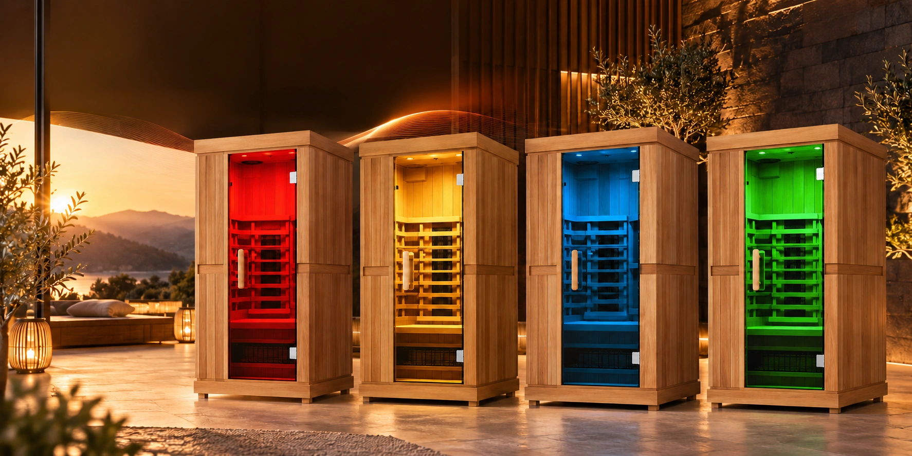 Four timber infrared sauna rooms with different interior lighting
