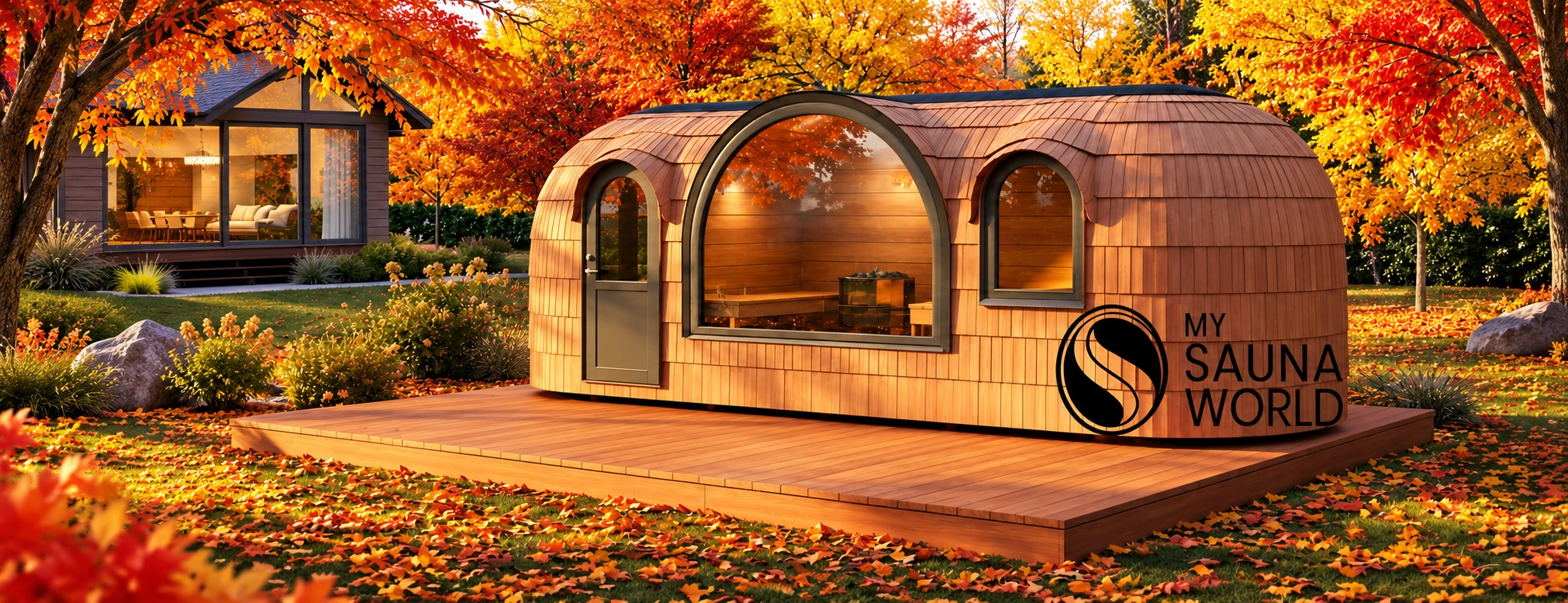 Oval outdoor sauna room in an autumn garden
