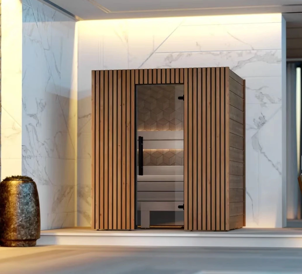 Indoor sauna room with timber slat exterior and glass door in the user-selected interior setting