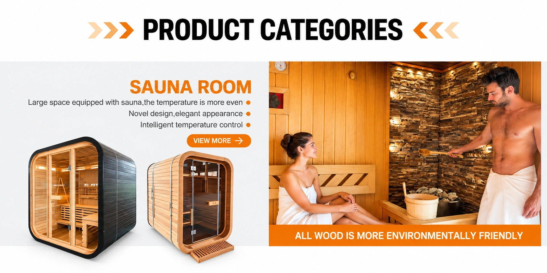 Sauna room product categories, showing two timber sauna cabins and a sauna interior.