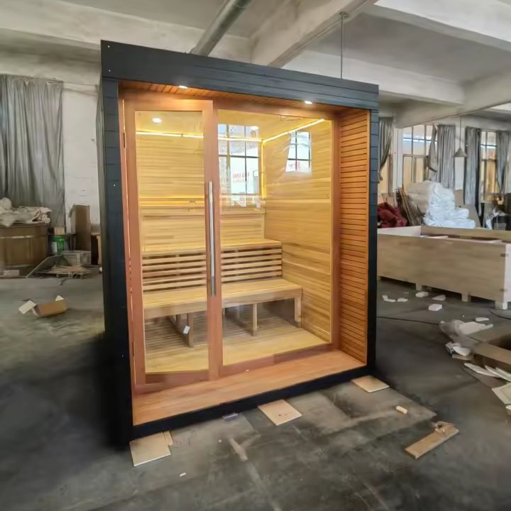 Black Frame Indoor Sauna Cabin with Glass Front
