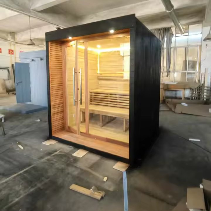 Black Frame Indoor Sauna Cabin with Glass Front