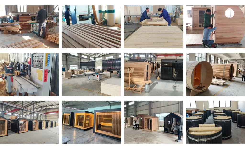 Workshop photographs showing timber sauna panel assembly and sauna cabins